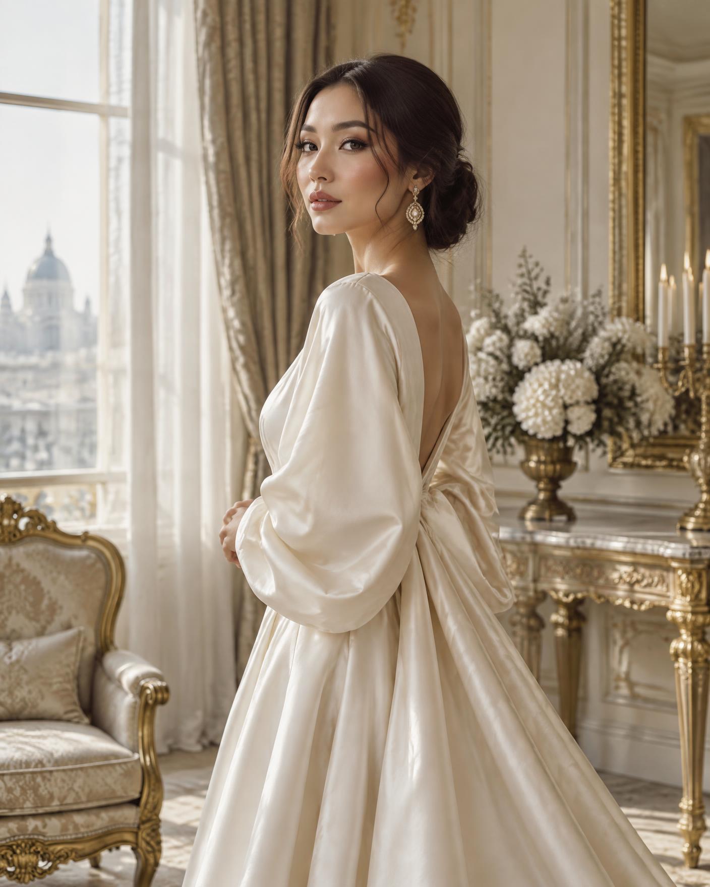 A bride in ivory silk in a classical interior